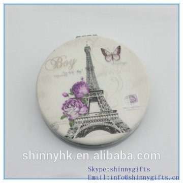 Newly PU small round mirrors with the Paris pattern pocket mirror