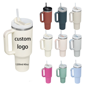 Custom Color Vacuum Insulated Travel Mug: 40oz Stainless Steel Tumbler with Lids, Straw, and Handle