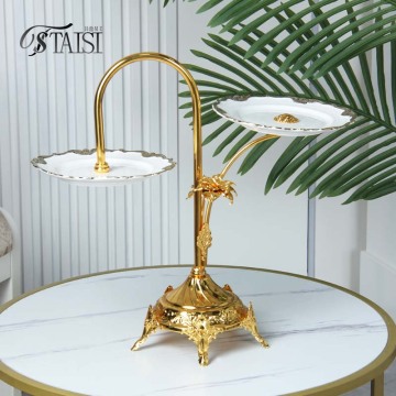 BRY004D Gold Pedestal Stand Cake Snacks Dessert Plate 2 Tier Serving Tray for Banquet Party