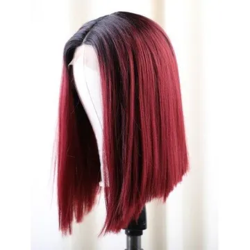 Wholesale Red Colored Human Hair Bob Cut Wig 100% Peruvian Human Hair 150% Density 99j T Part Lace Front Wig For Women