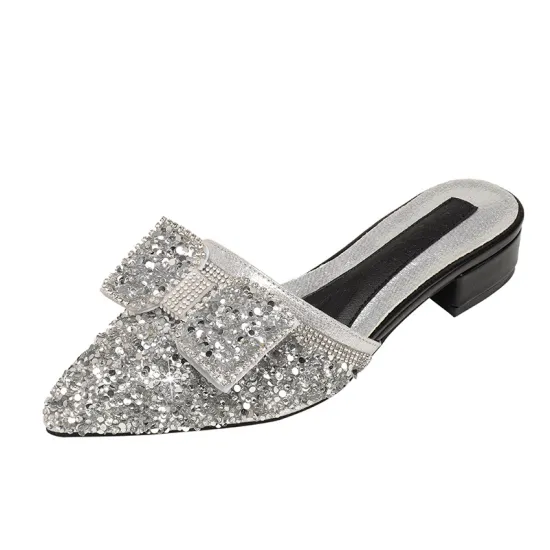 Summer 2024 Fashion: Large Size 43 Mid-Heel Diamond Sequin Slippers for Women