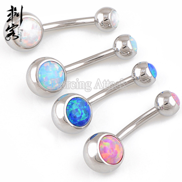 Stainless Steel Internally Threaded Double Opal Gemmed Belly Ring
