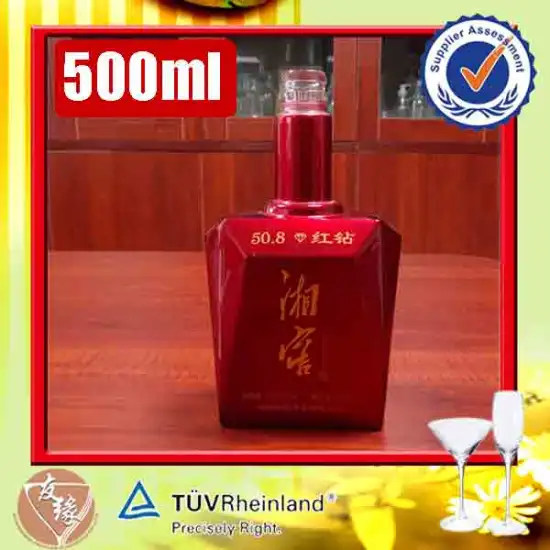 Custom made red color 500ml odd shape glass bottles for alcohol
