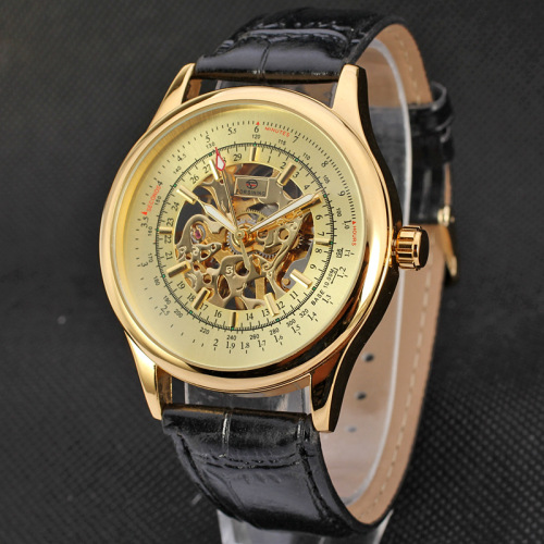 Automatic leather strap skeleton mens sport watches