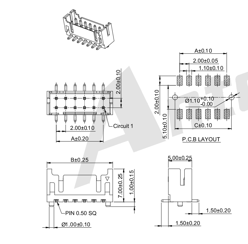 2.00mm pitch 180°Dual Row Wafer With Boss-SMT