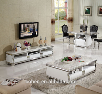 European high gloss face stainless steel frame coffee table set with marble top white
