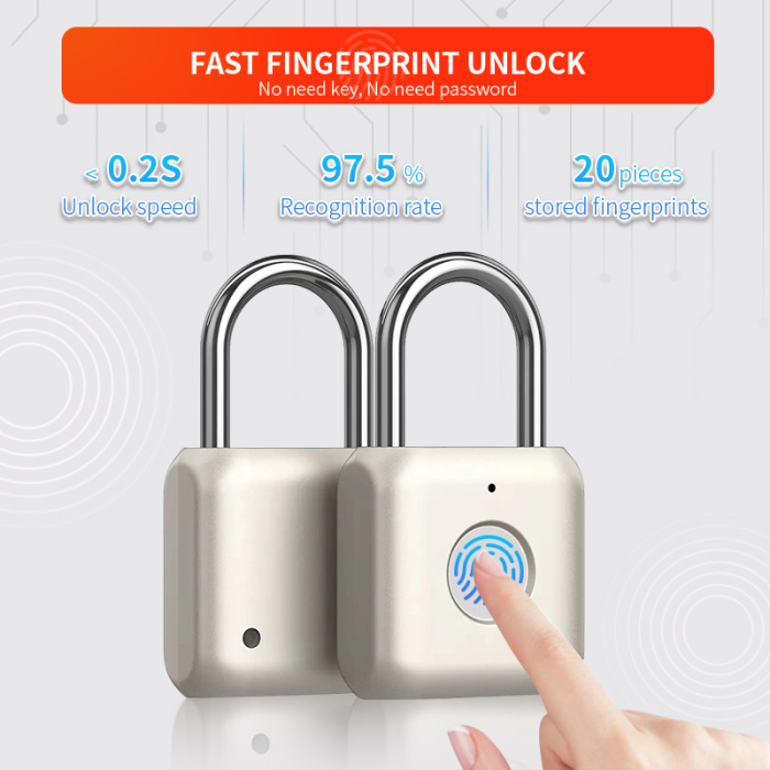 Тип-C Перезаряжаемая идентификация отпечатков пальцев Smart Padlock