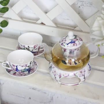 Ceramic Base Glass Tea Pot with Heat Resistant Filter and Custom Flower Design Lid for Daily Afternoon Tea