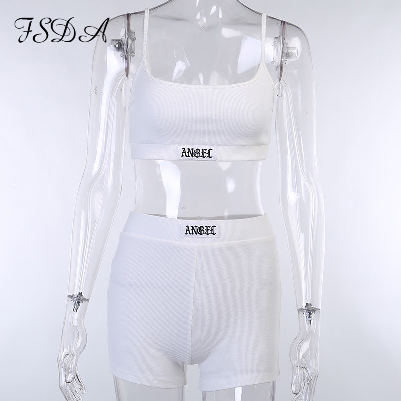 FSDA Summer Ribber Women Set White Spaghetti Strap Crop Top And Mini Biker Shorts Embroidery Two Piece Sets Sexy Outfit Party
