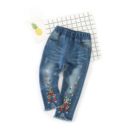 Embroidery Designs Fringed Blue Cotton Jeans for Children