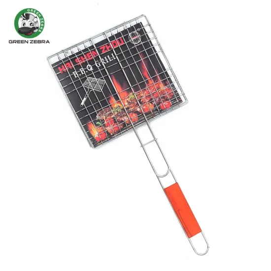 Outdoor Kitchen BBQ Tools: Hamburger Clip, Rectangle Barbeque Basket, and Wire Mesh Grill Net with Wooden Handle