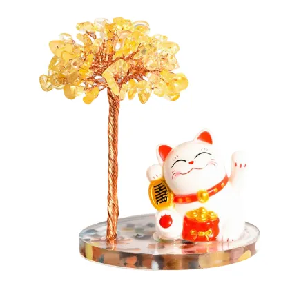 Raw Citrine Raw Stone with Colorful Resin Base Lucky Cat Ornament