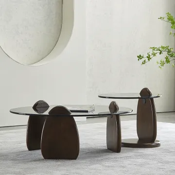 Glass tawny solid wood base round coffee table