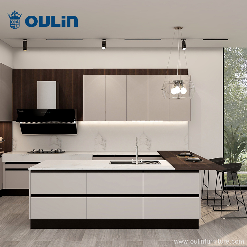 Modern wood grain and lacquer combination kitchen cabinet