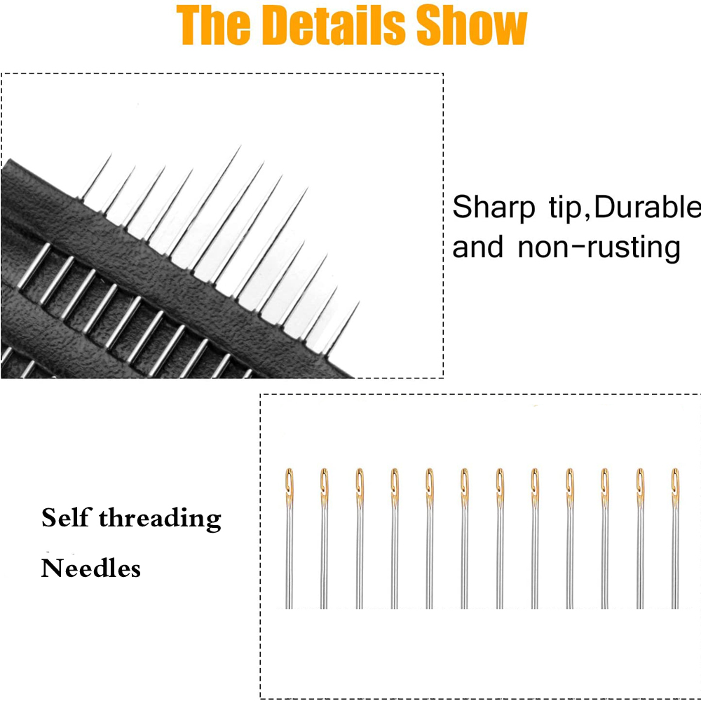 Round Wooden Needle Case with 12pcs Self Threading Needles DIY Crafts Sewing Needle Tubes Storage Case Embroidery Sewing Tools