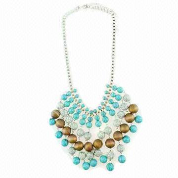 Linked Crackle Beaded Necklace with Turquoise, Brown and White Color Combinations