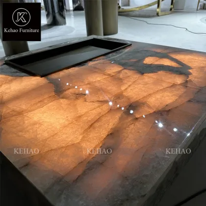 Il Italian Luxury Square Marble Coffee Table with Translucent Onyx and Backlit Patagonia Marble
