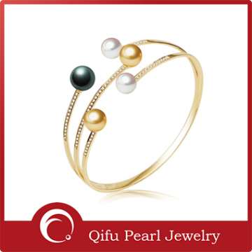 Triple Circles Gold Plated 925 Silver Jewelry Pearl Bracelet Bangle