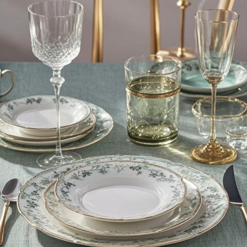 Luxury Blue-Gold Tableware Set with Crystal Glasses
