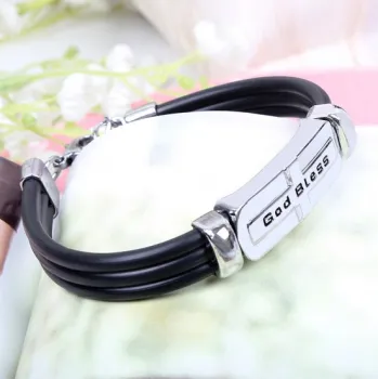 Metal alloy bracelet with leather cords (God Bless)