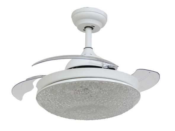 Ventilateur de plafond escamotable moderne blanc avec abat-jour en cristal