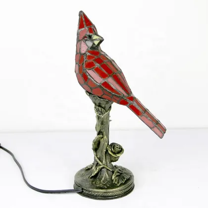 LongHuiJing Small Vintage Tiffany Style Stained Glass Red Cardinal Accent Table Lamp