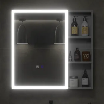 Bathroom Toilet Entrance Console with LED Ambiance, Recessed Sliding Door, Hinge, and Mirrored Side Cabinet with Wall Socket