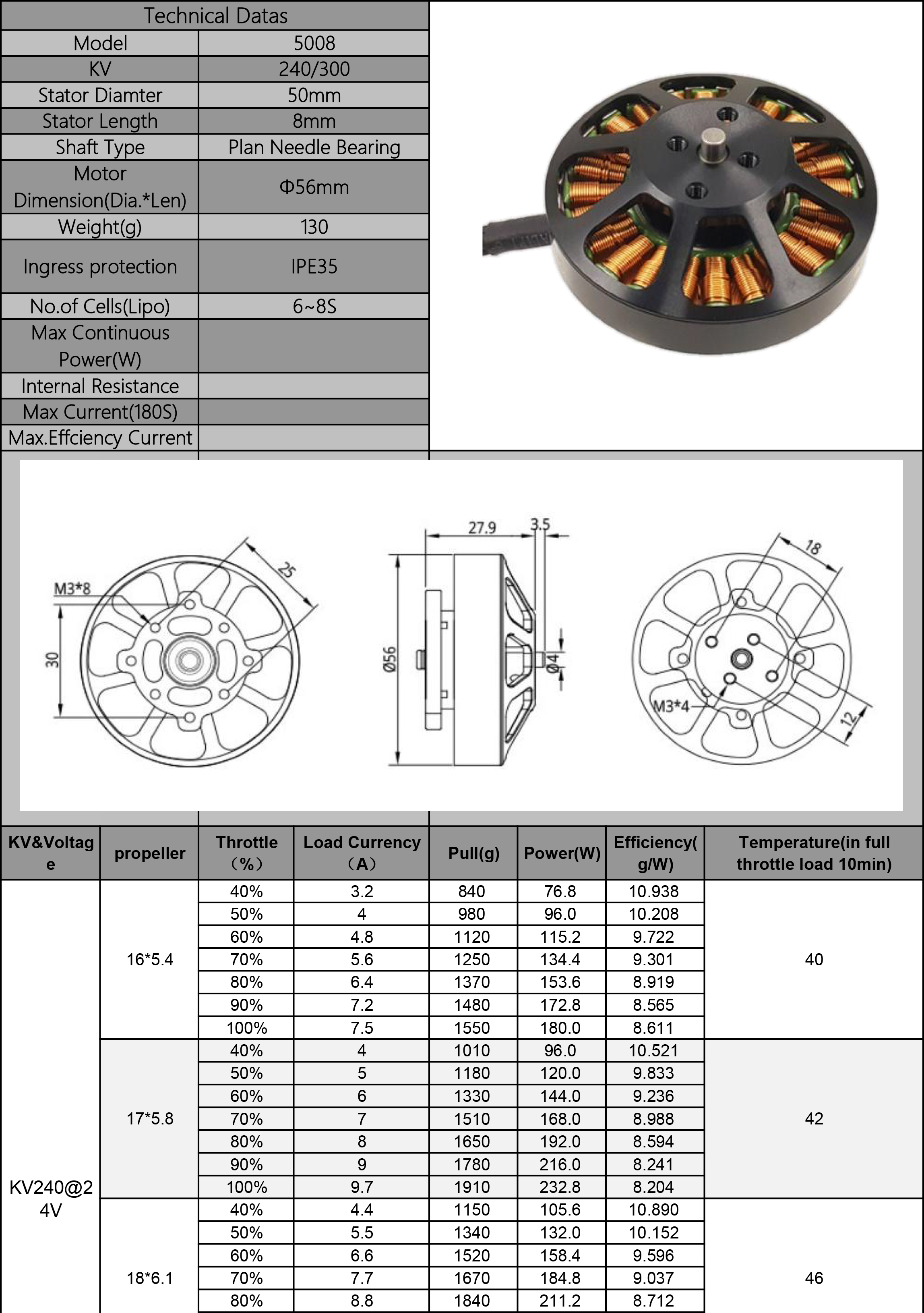 5008 KV240KV300 brushless motor for four-six-axis plant protection aircraft aerial photography and other aircraft acces