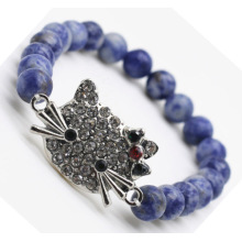 Sodalite Gemstone Bracelet with Diamante alloy cat head Piece