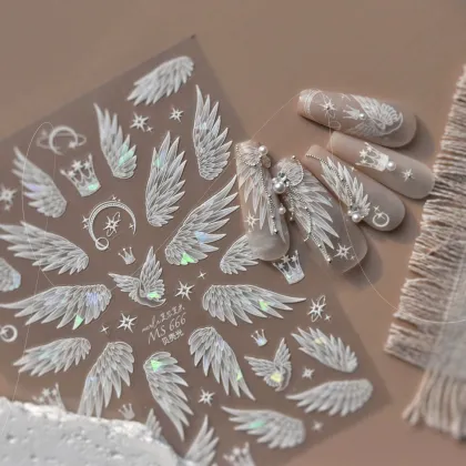 White Angel Wings Nail Stickers with Crystal Diamonds