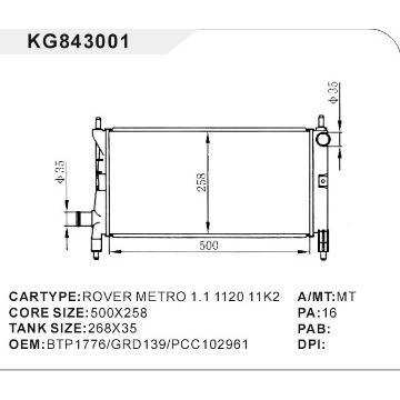 auto radiator car:ROVER MENTRO 1.1 1120 11K2 OEM:BTP1776/GRD139/