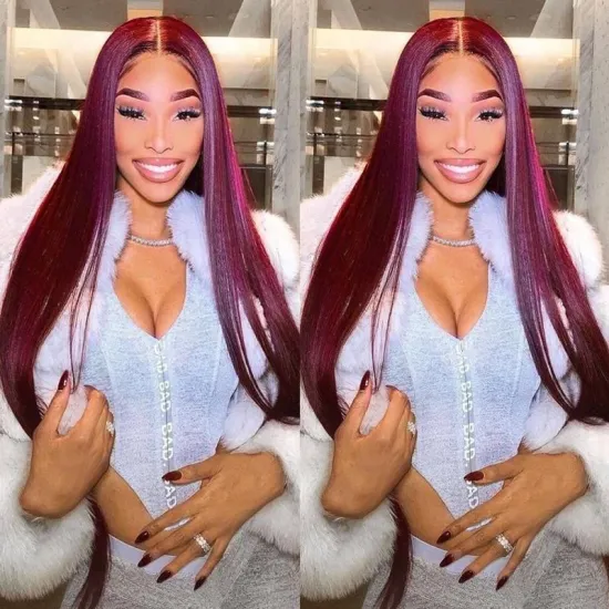 Uniky 99J Burgundy Red Color Customized Texture Long 40-50 Inches Brazilian Cuticle Aligned Hair Lace Front Wigs