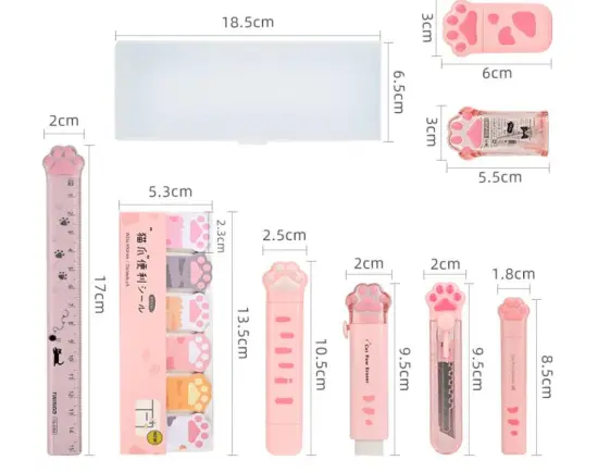 9-Piece Kids Girl Pink Cat Paw Stationery Set: Includes Gel Pens, Correction Tape, Memo Pads, Erasers, and Knife