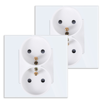 86mm x 86mm Glass Panel French Power Supply Double Outlet 16A EU Standard Wall Socket AC 110~250V