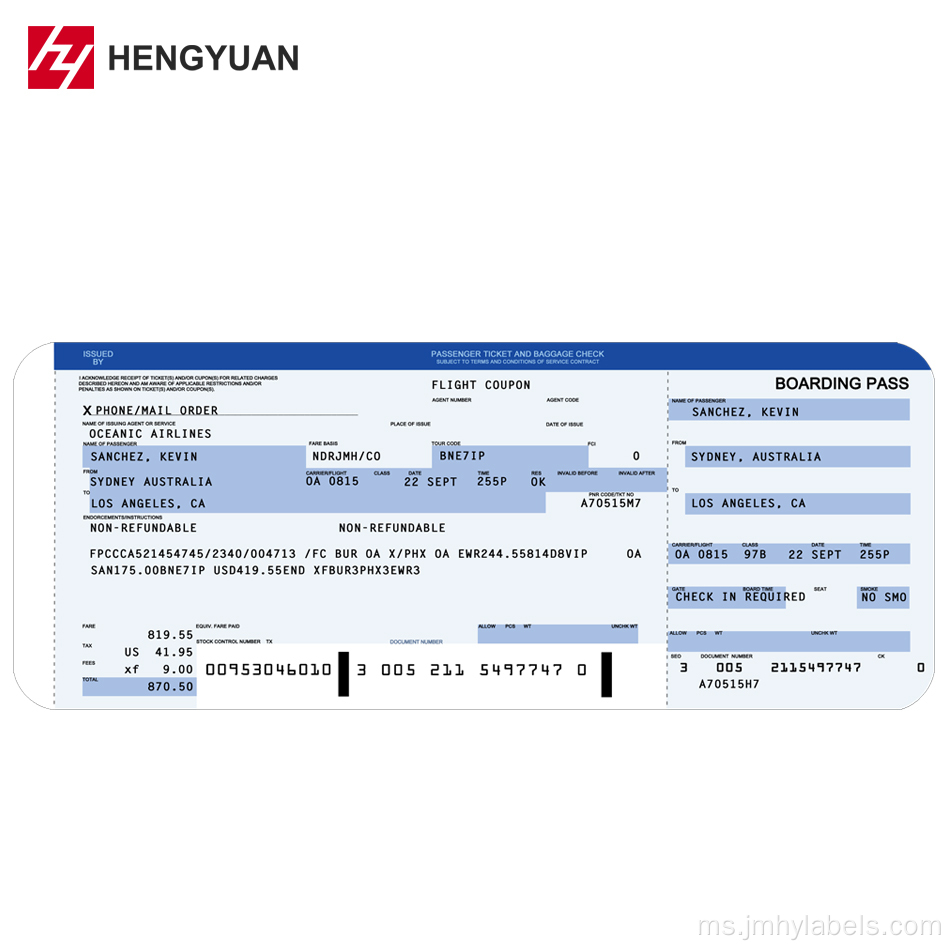 Skala Tiket Pelancongan PVC Syarikat Penerbangan PVC