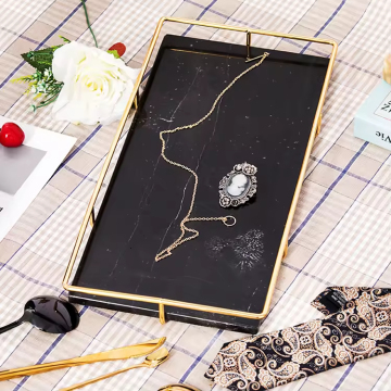 2024 Trending Luxury Rectangular Marble Tabletop Tray with Gold Handle: Versatile Organizer for Vanities, Kitchens, and Bathrooms
