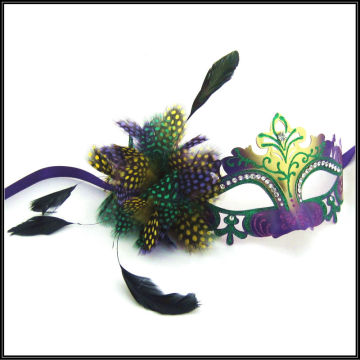 2013 Hot Sell Wholesale Handmade Purple Green And Gold Feather Flower With Diamond Venetain Style Mardi Gras Masquerde Masks