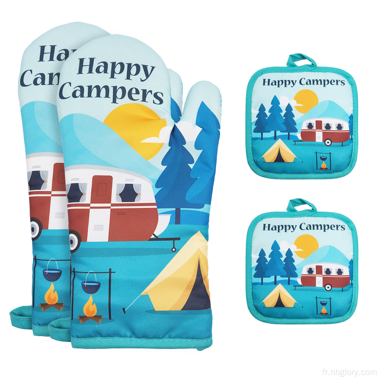 Happy Camper Four Mitts and Pot Bolders Ensembles, porte-pot de camping résistant à la chaleur, jeu de cuisine de camping 4pcs