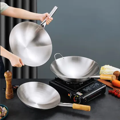 Classic Chinese Round Bottom Stainless Steel Wok for Kitchen and Restaurant Cooking