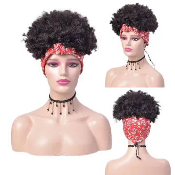 Wholesale Cheap Ombre Turban Wig Afro Short Headband Wigs Kinky Curly Synthetic Wig With Headband Attached For Black Women