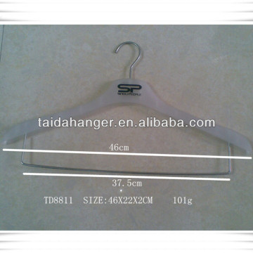 customized plastic hanger with metal pants bar ,suits display hangers with logo