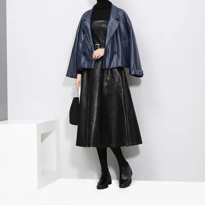 Women's fashion slim black leather skirt strap faux leather skirt