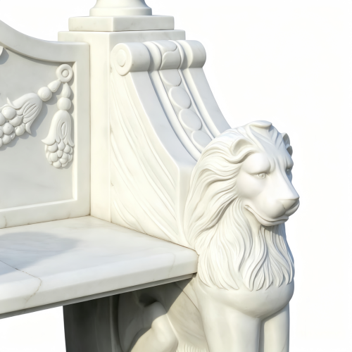 Elegant White Marble Garden Bench with Lion Statues