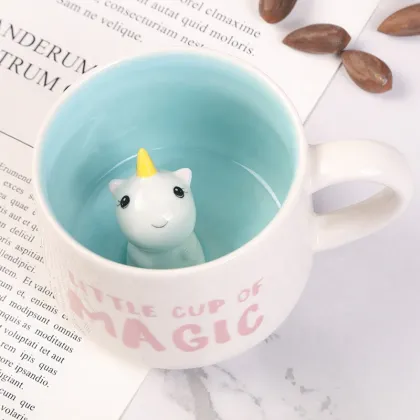 Handmade Ceramic Coffee Cup with Rabbit Cartoon for Birthday Gift