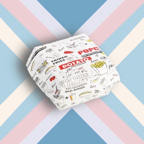 Caja de hamburguesas de cartón blanco de comida para llevar