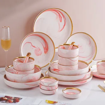 Chaozhou Luxury Gold Rimmed Ceramic Dinnerware Set - Marble Finish Plates and Bowls