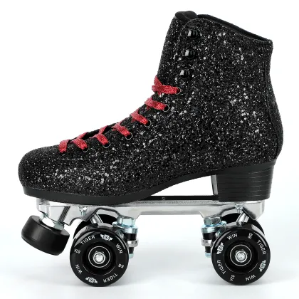 Professional Quad Roller Skates with 4 Wheels, Black Glitter Style and Patines - New Roller Blades for Skating