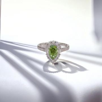 Baguette-Framed Green Pear Lab Diamond Halo Ring