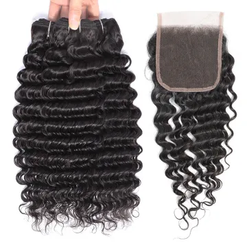 Brazilian Hair DEEP Wave Bundles With Closure 100% Virgin Human Hair Extensions Lace Closure 10A Grade