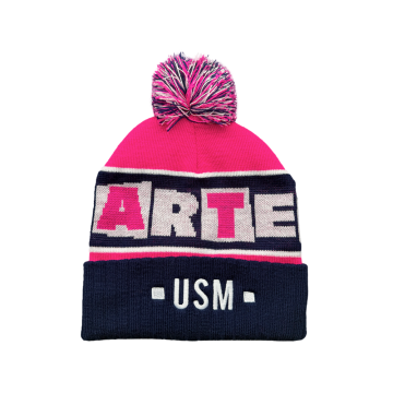 Beanie Rajut Huruf Jacquard Pom Pom Huruf Blok Warna
